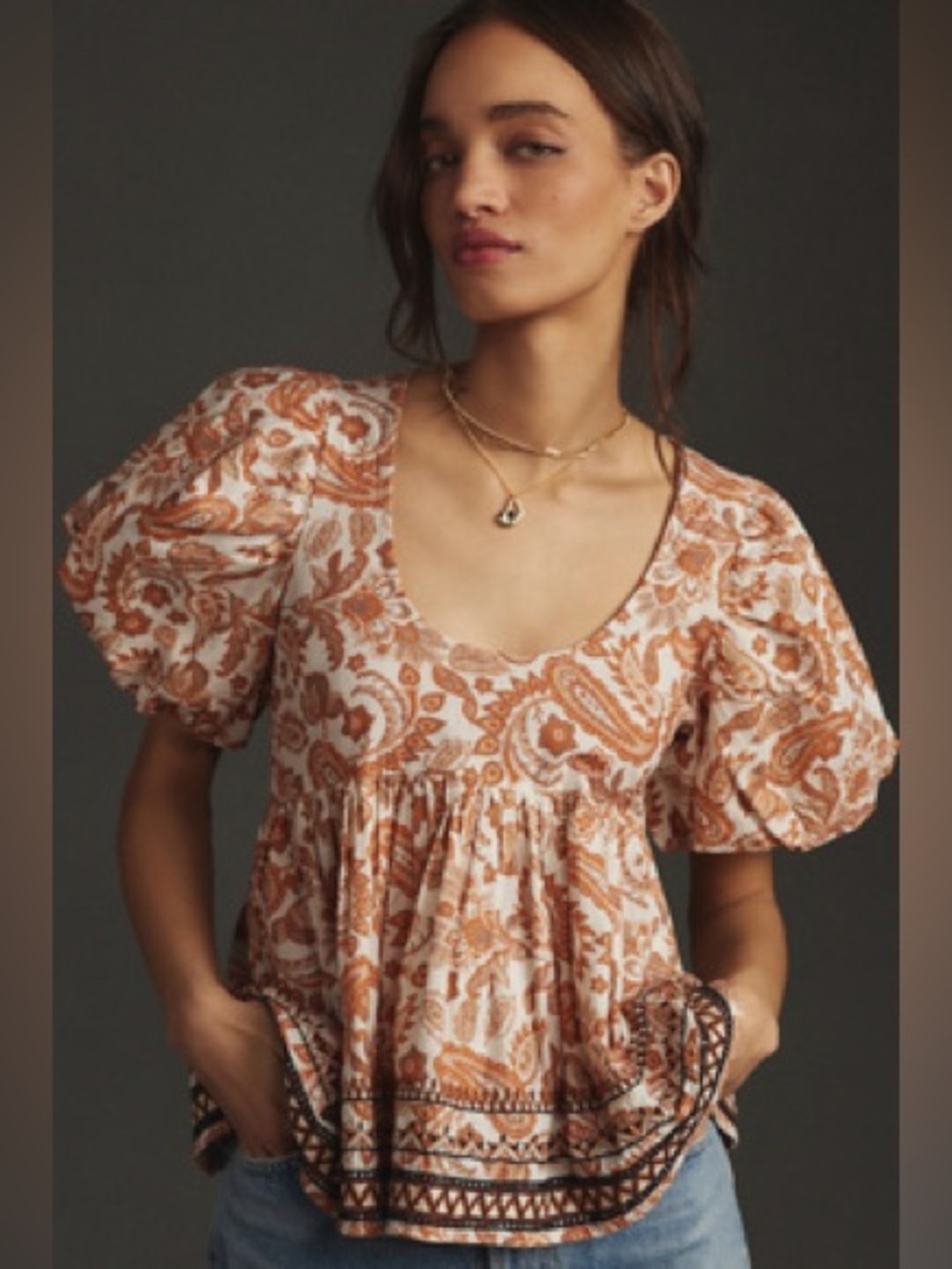 Anthropologie Boho Paisley Puff-Sleeve Scoop Neck Top in Rust